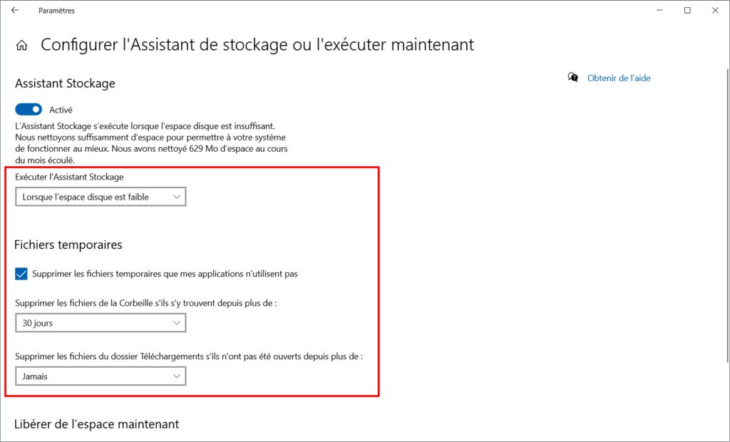 Nettoyer Windows 10 avec Storage Sense – Thebuzzly'espace - configuration par défaut de l'assistant de stockage