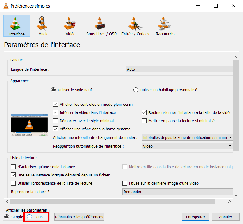 VLC fenêtre au-dessus - tous les paramètres