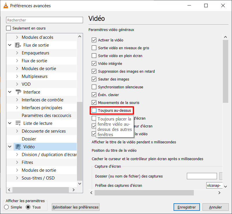 VLC fenêtre au-dessus - cocher toujours au-dessus