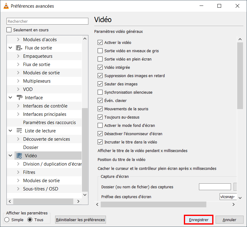 VLC fenêtre au-dessus - enregistrer
