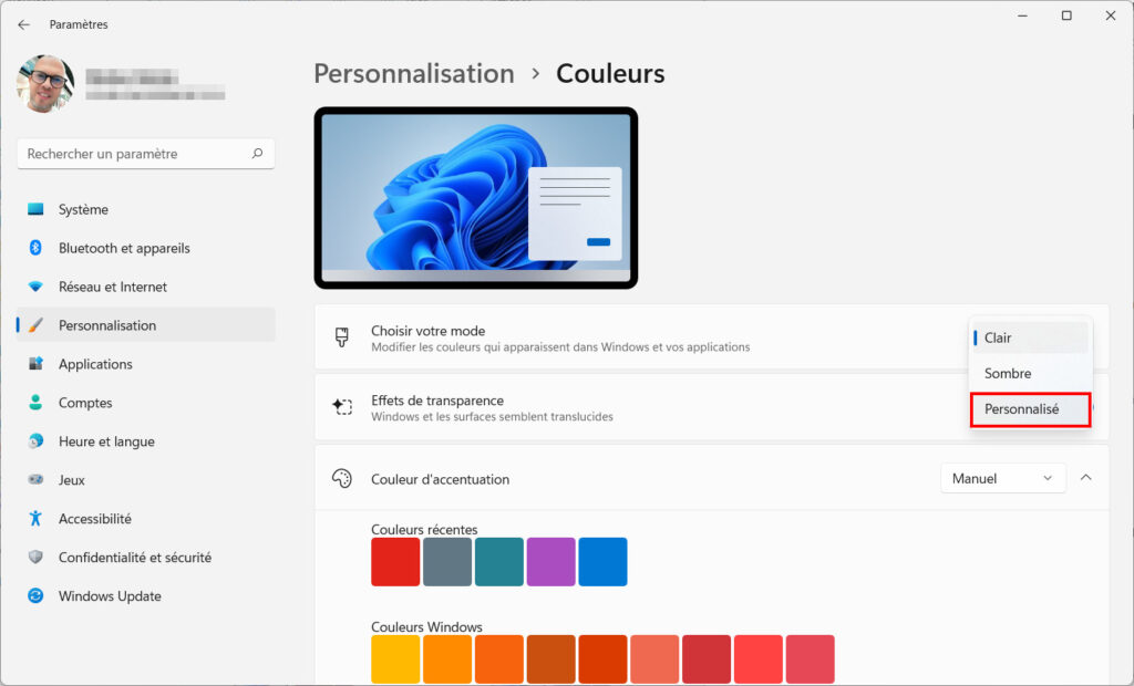 mode sombre windows 11 - personnaliser les couleurs