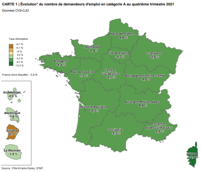 Evolution du nombre de demandeurs d'emploi en catégorie A au quatrième trimestre 2021.