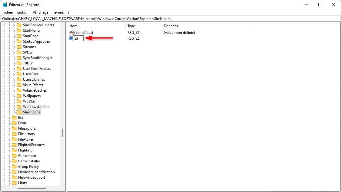 Supprimer la flèche sur les icônes de raccourcis dans Windows 11