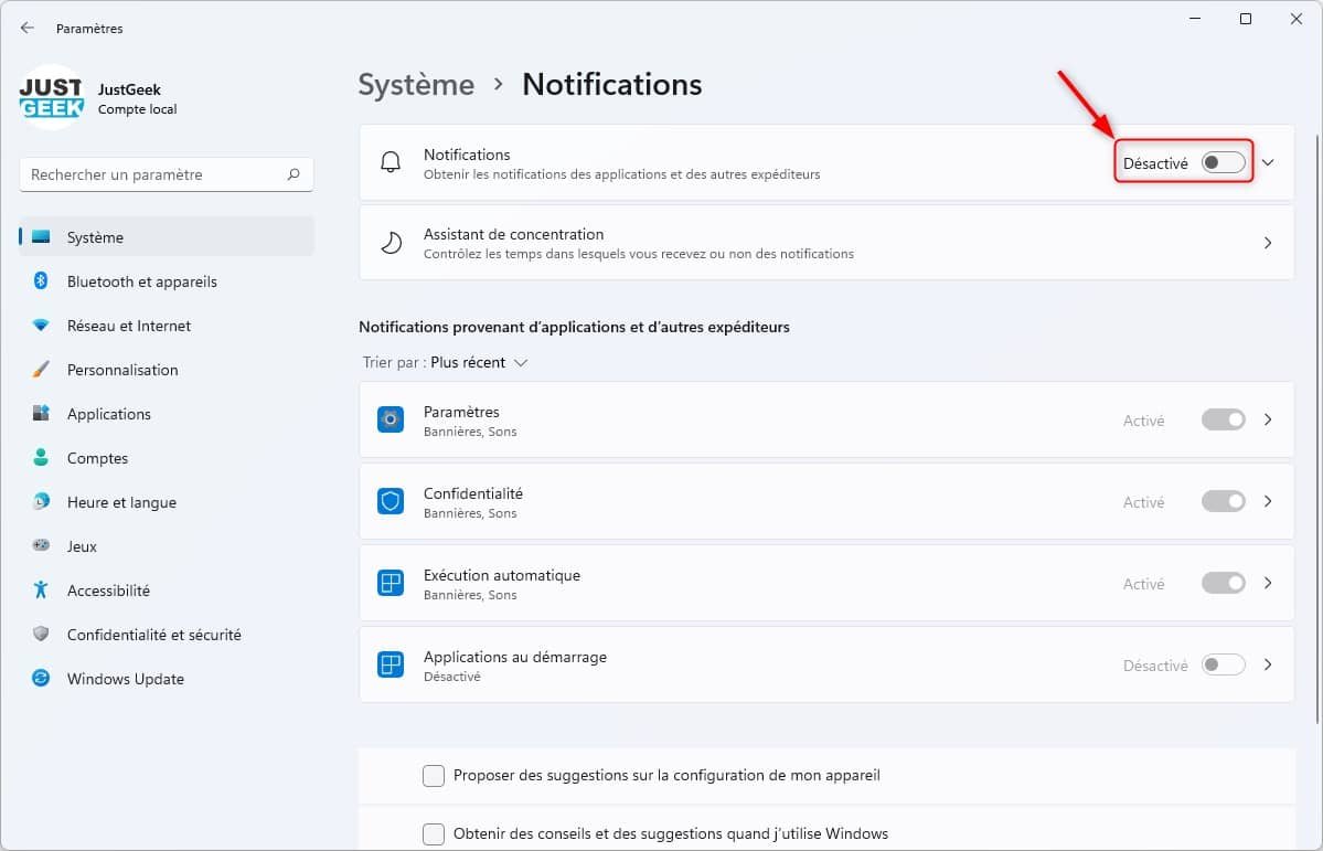 Désactiver les notifications sur Windows 11