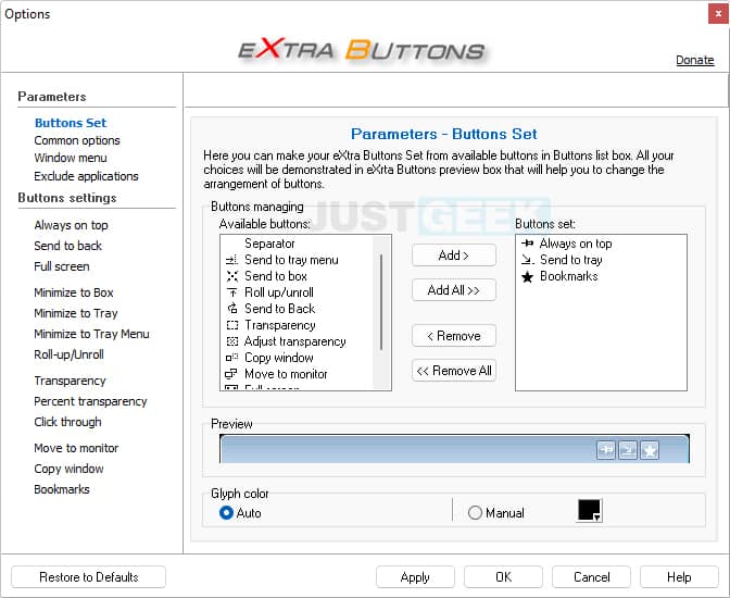 Boutons supplémentaires - Options