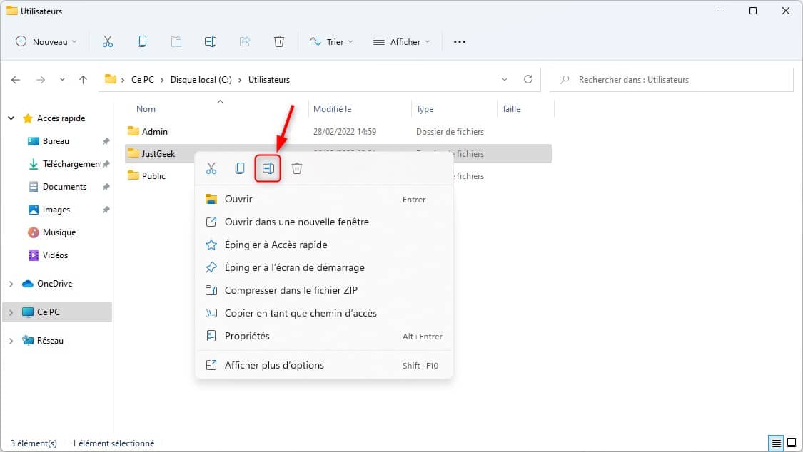 Modifier le nom du dossier de profil utilisateur dans Windows 11 