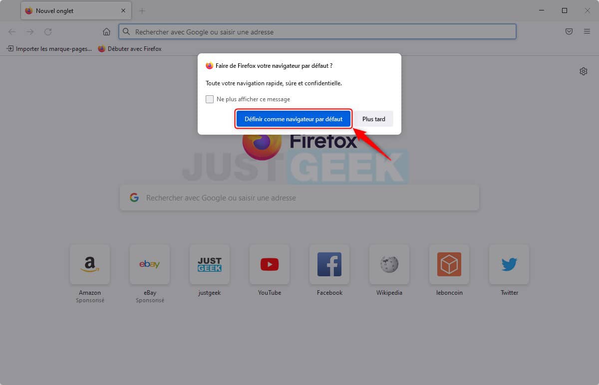 Pop-up définit Firefox comme navigateur Web par défaut 