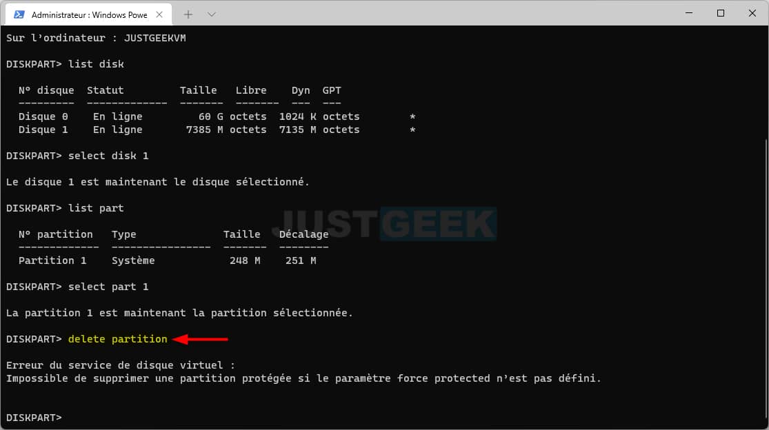 Supprimer la partition avec DiskPart