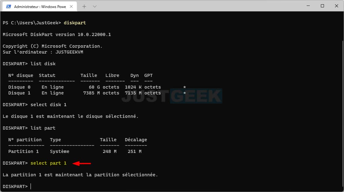 Sélectionnez la partition avec DiskPart