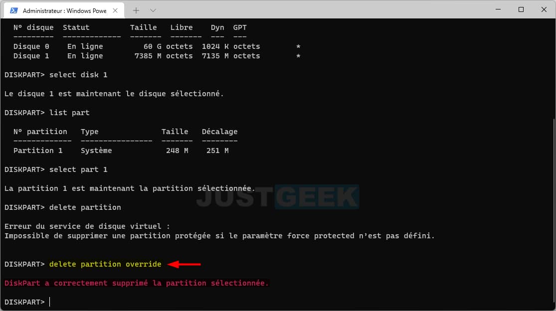 Forcer la suppression d'une partition avec DiskPart