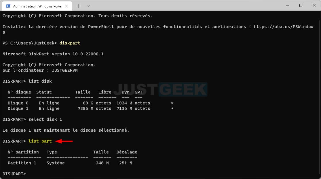 Afficher la liste des partitions d'un disque avec DiskPart