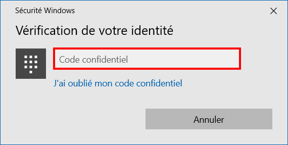 Windows Hello - Entrez le code PIN pour la reconnaissance numérique 