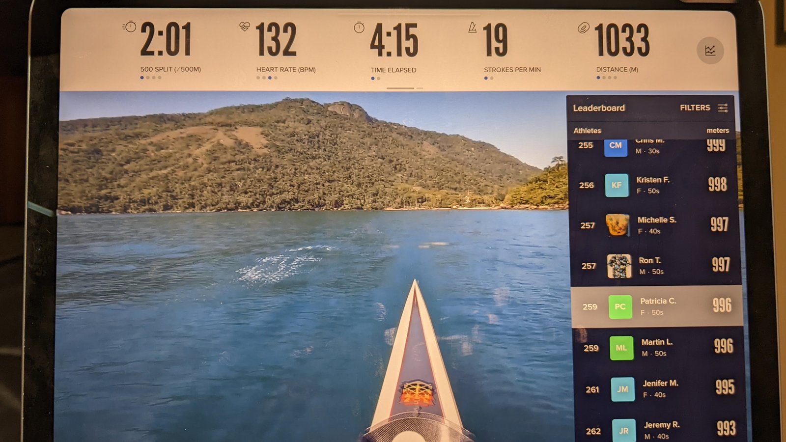 Capture d'écran du classement d'entraînement d'aviron iFit