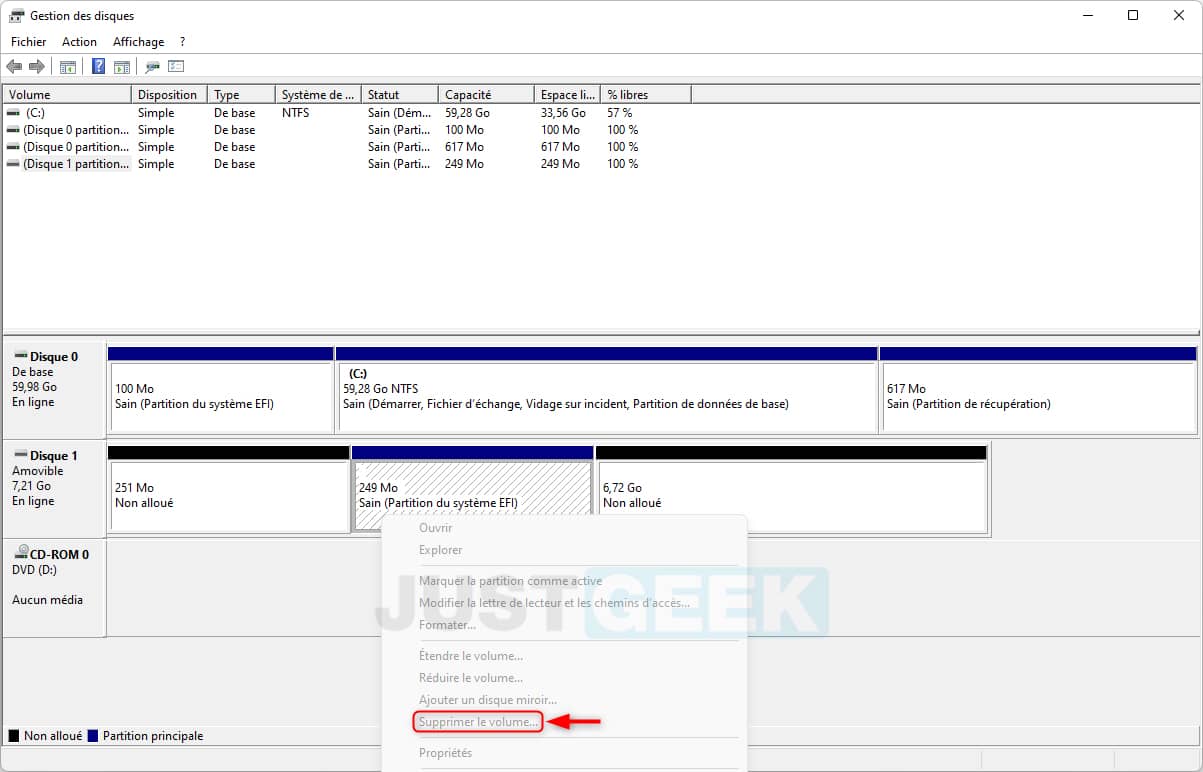 Impossible de supprimer la partition dans l'outil de gestion des disques