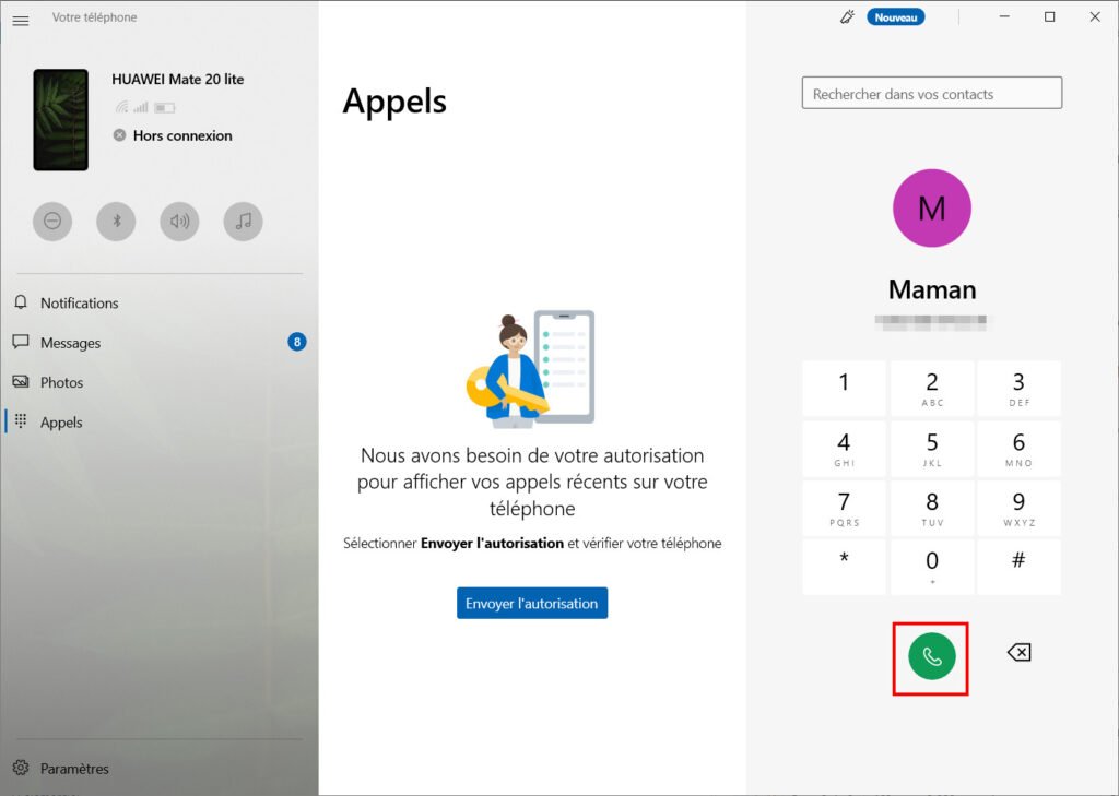 Appels mobiles connectés - appelez le contact sélectionné