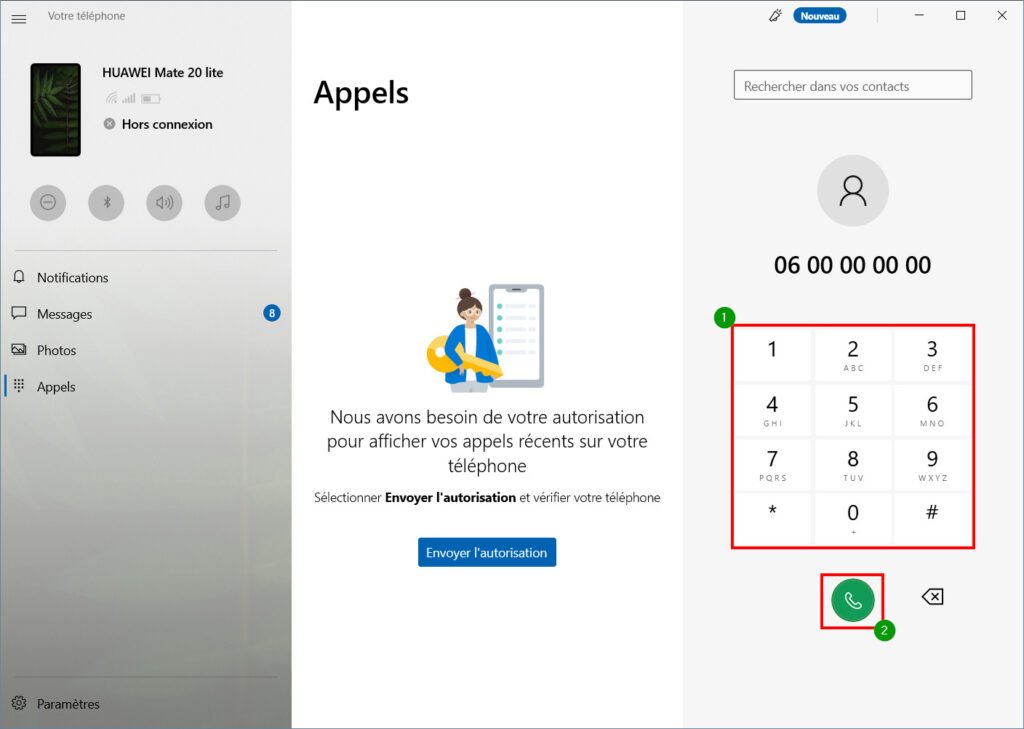 Appels mobiles connectés - numéro de numérotation et appel