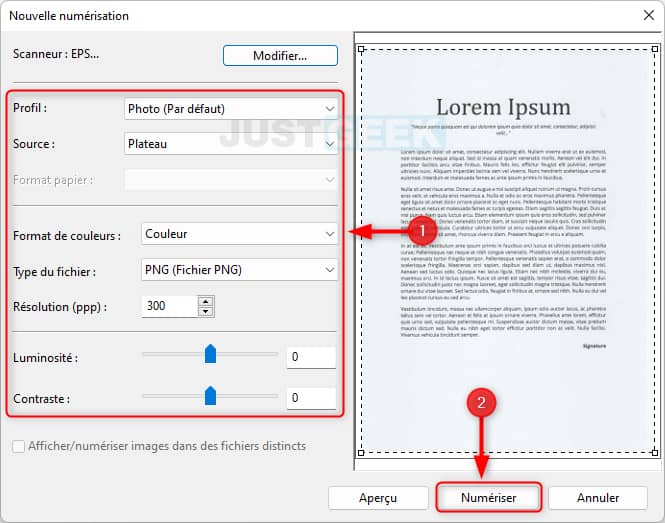 Numériser un document via le Panneau de configuration de Windows