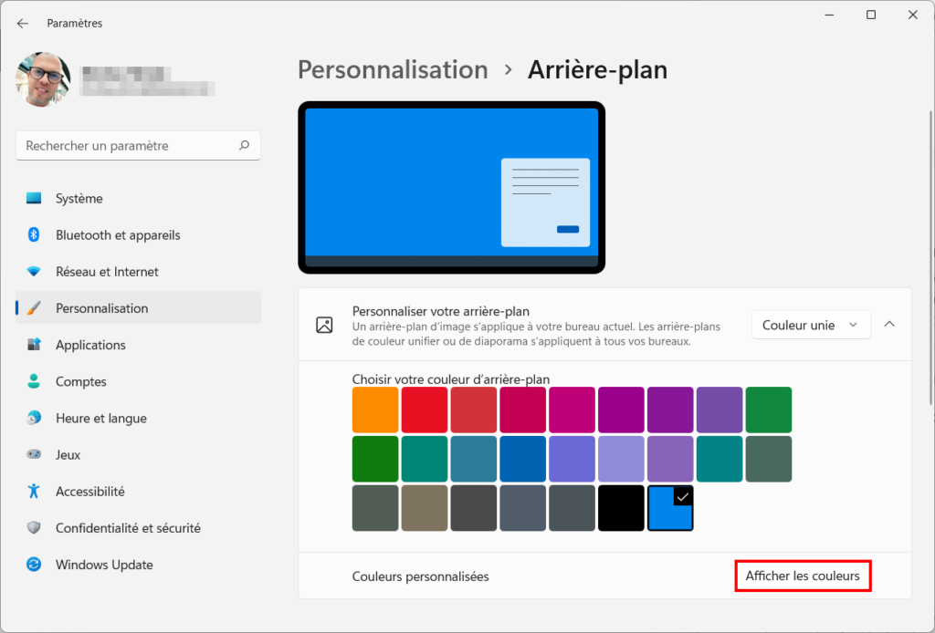 Windows 11 Personnaliser thème - Afficher les couleurs - Personnaliser un thème sur Windows 11 (couleur, sons, curseur, fond d’écran)