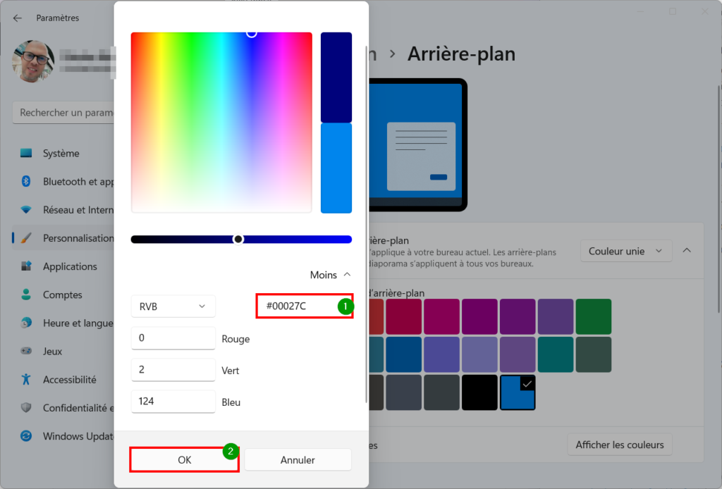 Windows 11 Personnaliser thème - Code couleur HTML Le Crabe Info et OK - Personnaliser un thème sur Windows 11 (couleur, sons, curseur, fond d’écran)