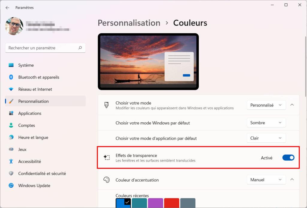 Windows 11 Personnaliser thème - Effets de transparence - Personnaliser un thème sur Windows 11 (couleur, sons, curseur, fond d’écran)