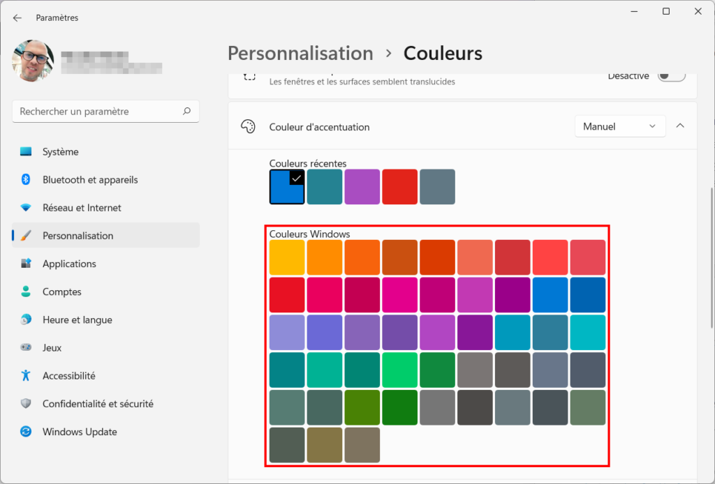 Windows 11 Personnaliser thème - Palette couleurs d - Personnaliser un thème sur Windows 11 (couleur, sons, curseur, fond d’écran)'accentuation
