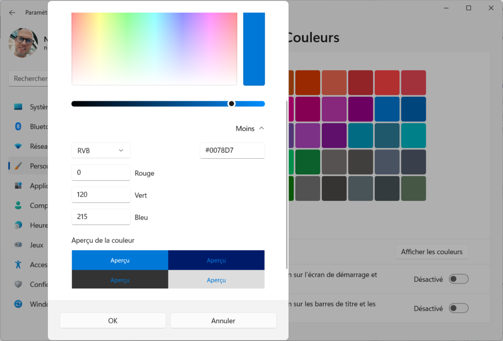Windows 11 Personnaliser thème - Autres couleurs accentuation HTML RVB - Personnaliser un thème sur Windows 11 (couleur, sons, curseur, fond d’écran)