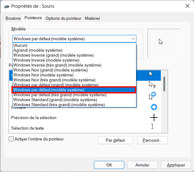 Windows 11 Personnaliser thème - Choisir modèle curseur de souris - Personnaliser un thème sur Windows 11 (couleur, sons, curseur, fond d’écran)