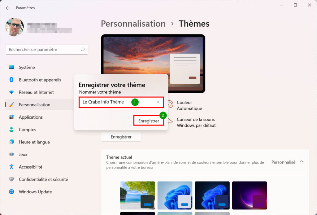 Windows 11 Personnaliser thème - Nommer nouveau thème et enregistrer - Personnaliser un thème sur Windows 11 (couleur, sons, curseur, fond d’écran)
