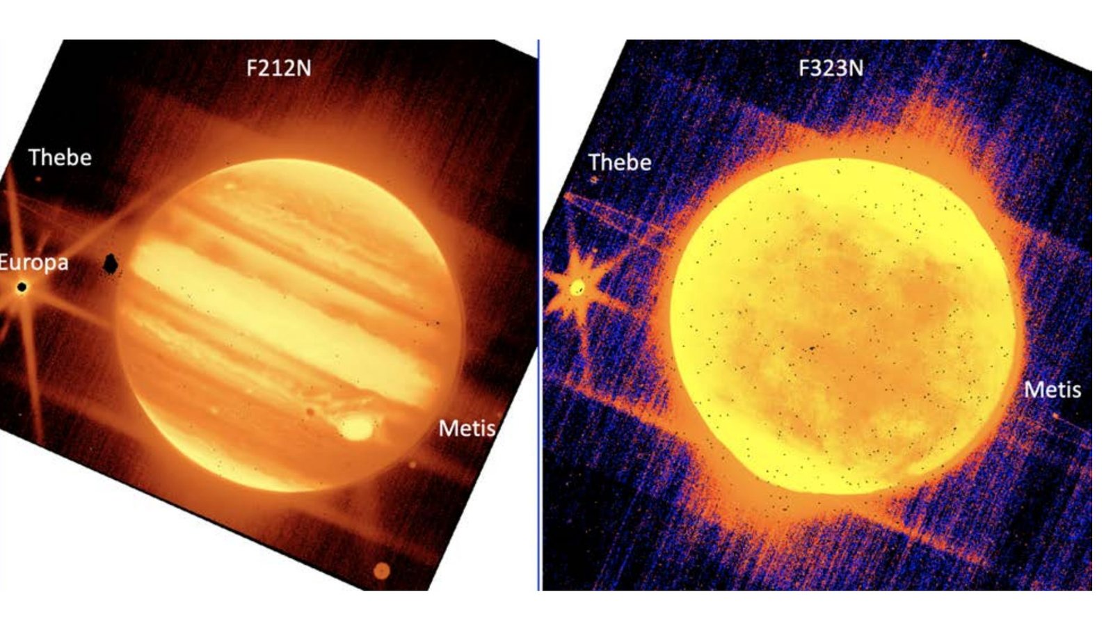 À gauche : Jupiter et ses lunes Europa, Thebe et Metis sont vues à travers le filtre de 2,12 microns de l'instrument NIRCam du télescope spatial James Webb.  À droite : Jupiter et Europe, Thébe et Métis sont vus à travers le filtre de 3,23 microns de NIRCam.