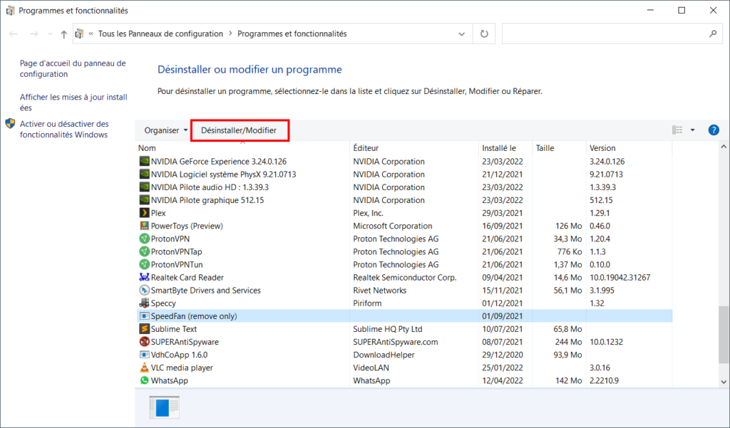 Menu Démarrer de Windows 10 - Programme de désinstallation 