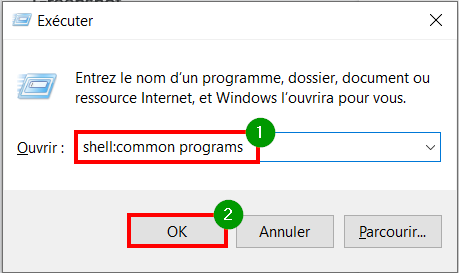 Menu Démarrer de Windows 10 - Exécuter, Commande et OK 