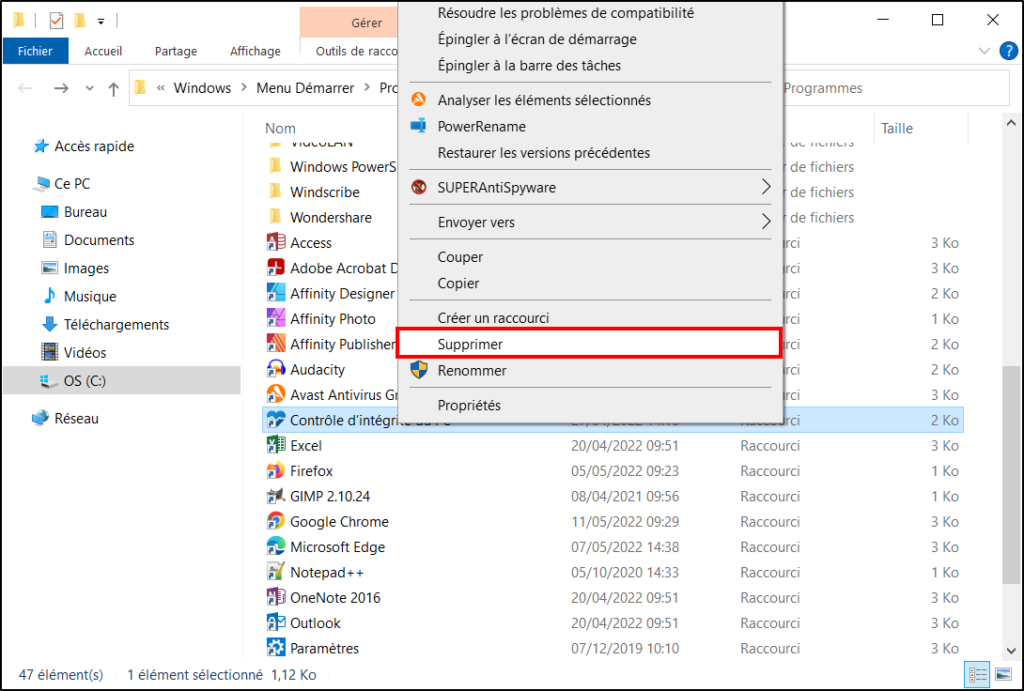 Menu Démarrer de Windows 10 - Supprimer le raccourci 