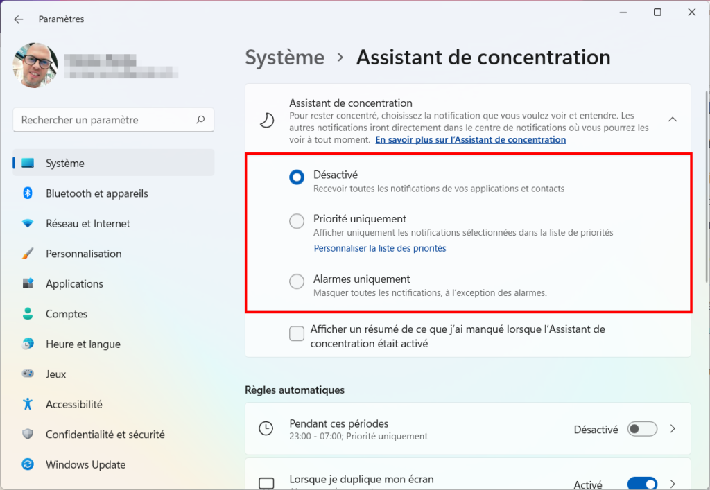 Assistant de concentration Windows 11 - Fenêtre d'activation de l'assistant 