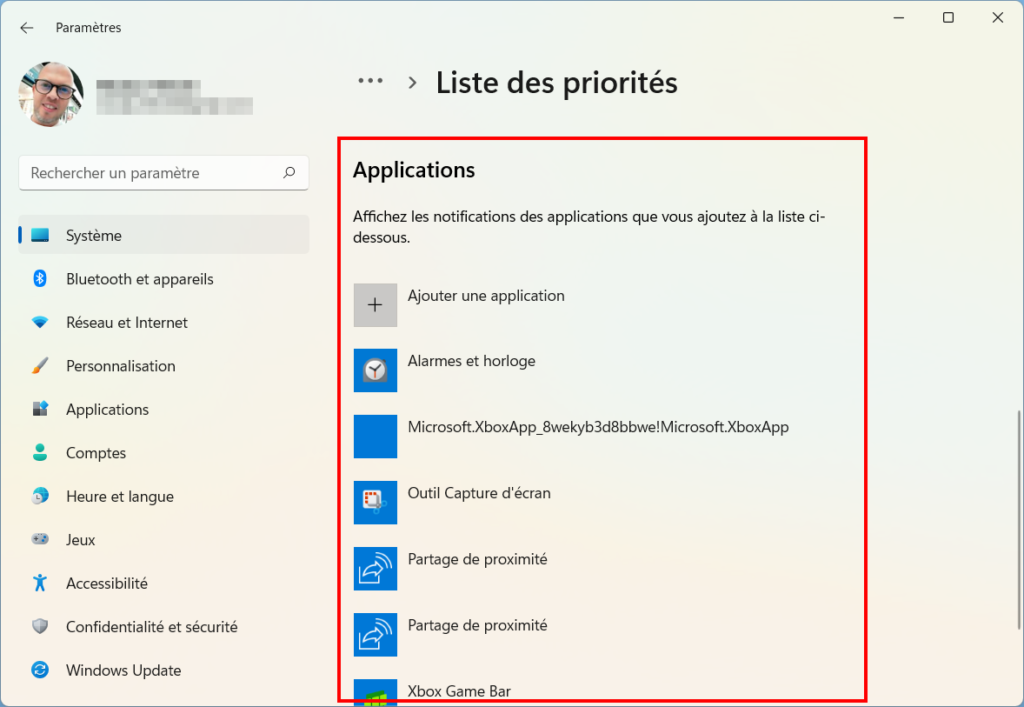 Assistant de concentration Windows 11 - Applications prioritaires 