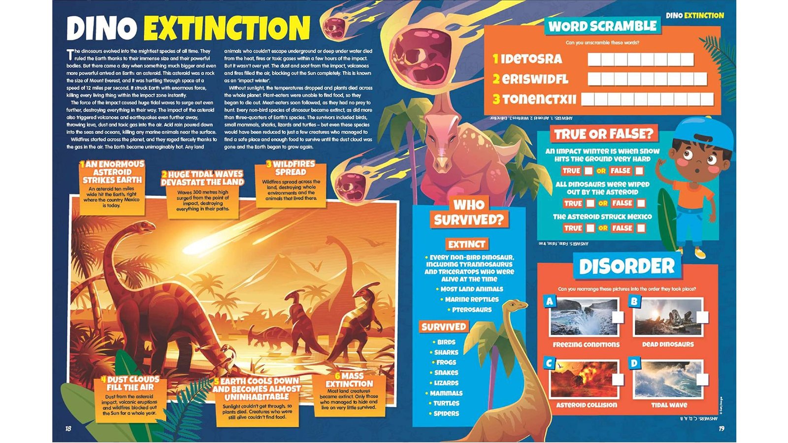 Une diffusion dans l'édition spéciale Future Genius qui montre les différents dinosaures colorés, les astéroïdes brûlants et les puzzles