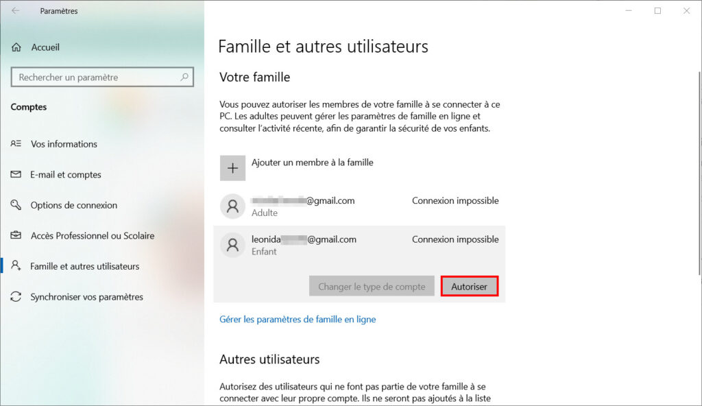 Contrôle parental Windows 10 - Autoriser la première connexion de l'enfant 