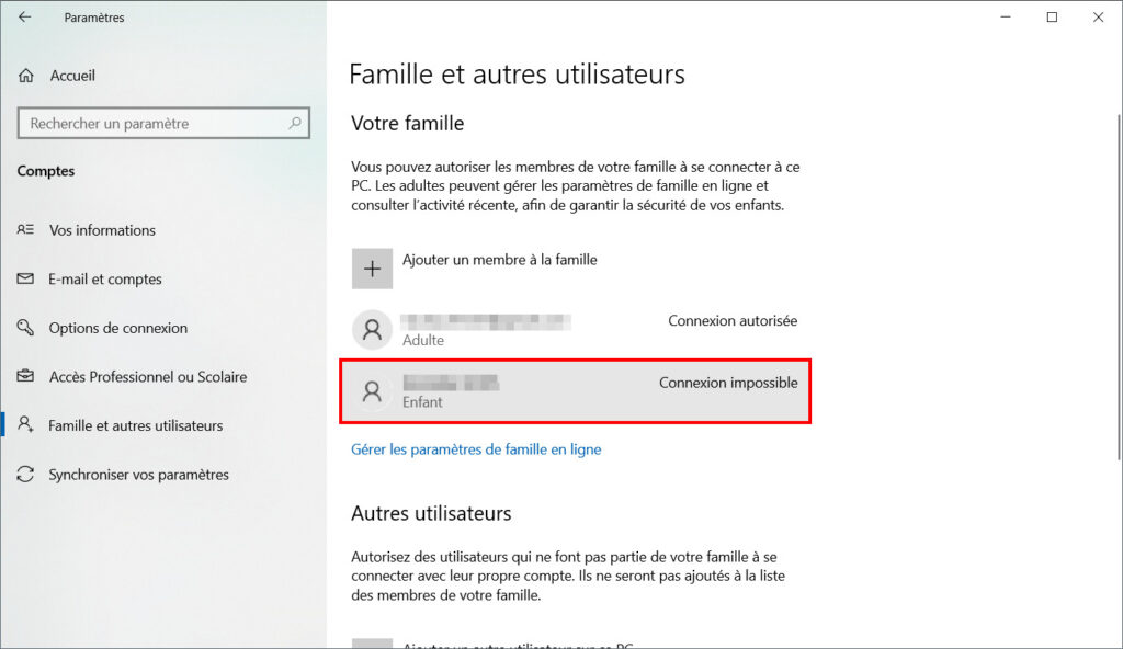 Contrôle parental de la sécurité familiale - Cliquez sur l'enfant