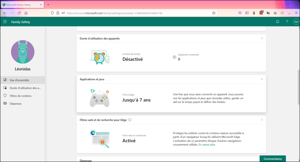 Contrôles parentaux de sécurité familiale - Tableau de bord