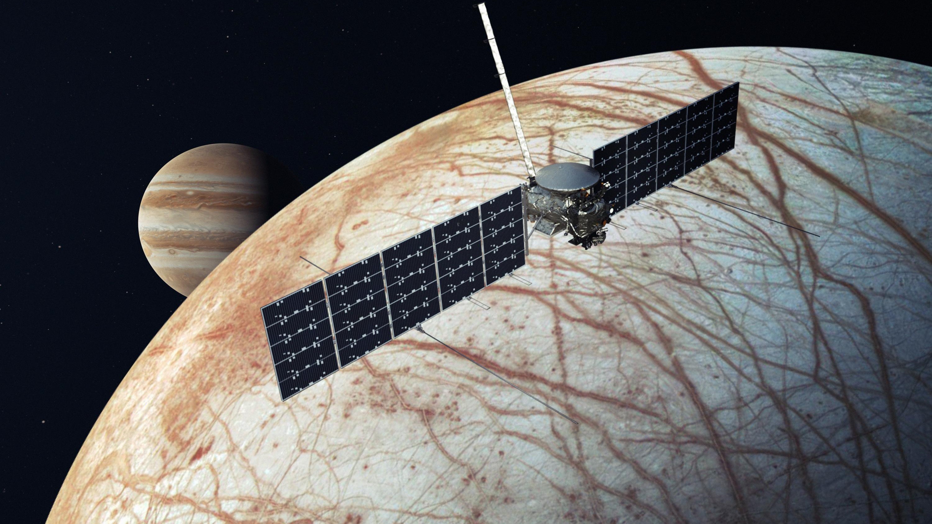 Une interprétation d'artiste d'Europa Clipper de la NASA, un vaisseau spatial qui devrait être lancé pour un survol de la lune de glace de Jupiter en 2024.