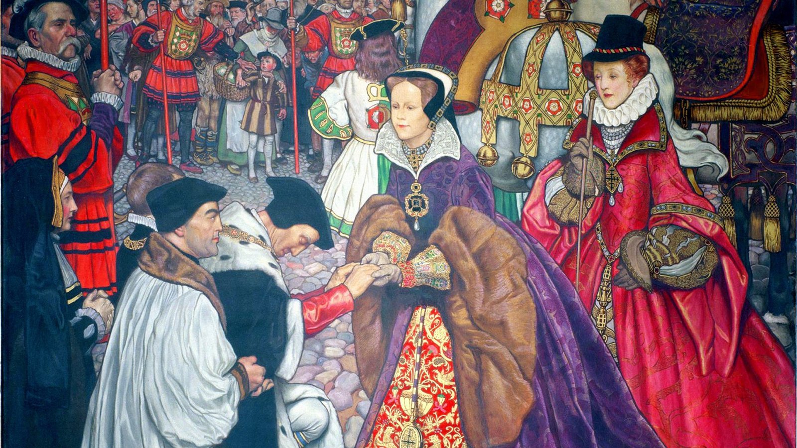 Mary I arrivant à Londres pour son couronnement, soutenue par sa sœur Elizabeth