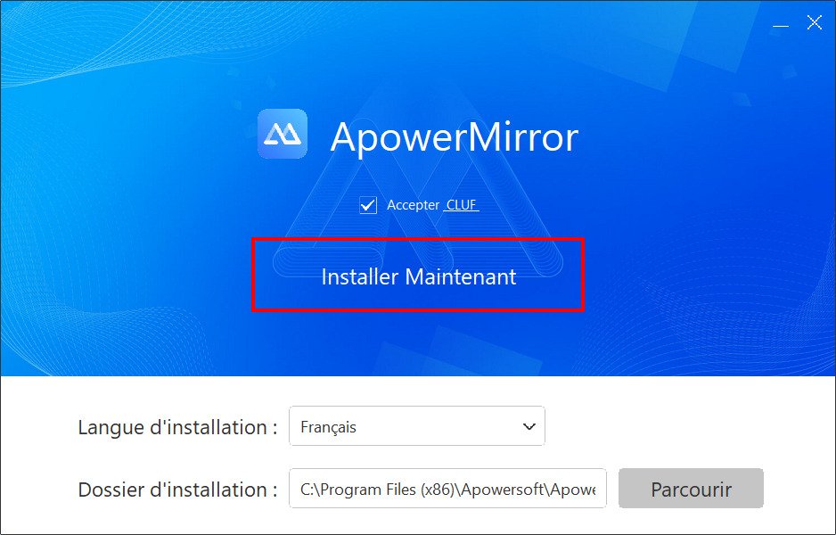 Mettre en miroir un smartphone sur un PC - Appuyez sur Installer maintenant (ApowerMirror)