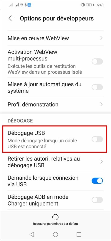 Afficher le smartphone sur PC - Activer le débogage USB