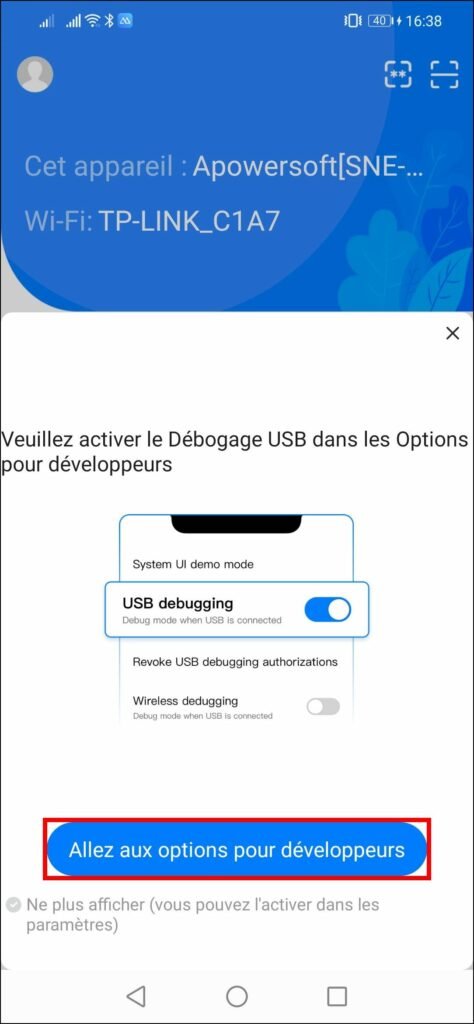 Afficher le smartphone sur PC - Cliquez sur Options pour les développeurs