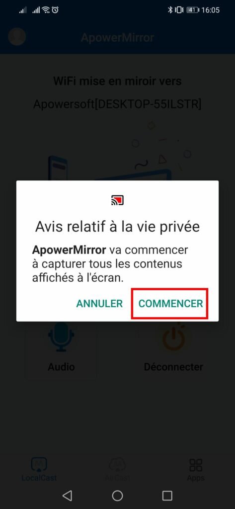 Afficher le smartphone sur PC - Cliquez sur Démarrer (texte de confidentialité)