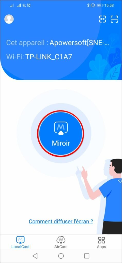 Mettre en miroir un smartphone sur un PC - Cliquez sur Miroir