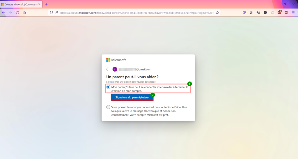 Contrôle parental Windows 11 - Ouvrir la signature du parent ou du tuteur 
