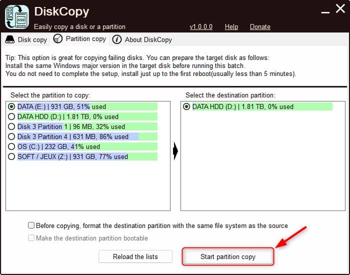 Cloner une partition de disque avec DiskCopy