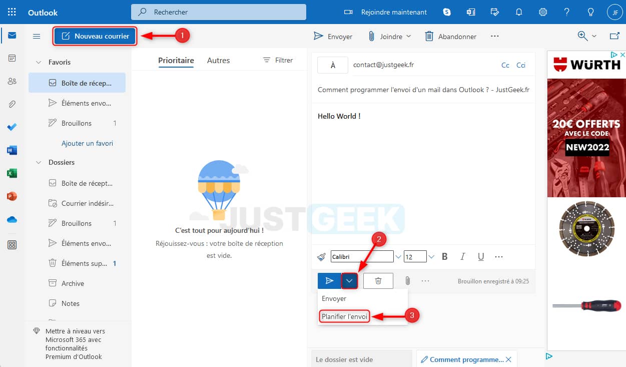 Planifier l'envoi d'un email sur Outlook.live 