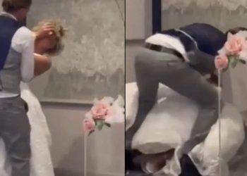 le mari brise le gâteau au visage de la mariée le jour du mariage