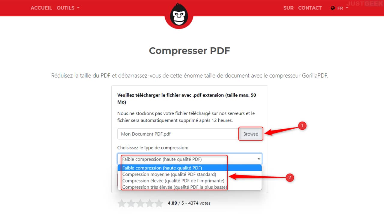Choisissez le niveau de compression PDF sur GorillaPDF 
